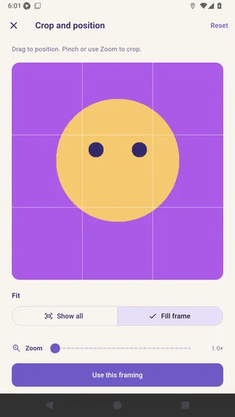 Crop and position screen with Fill frame selected and the crop grid visible