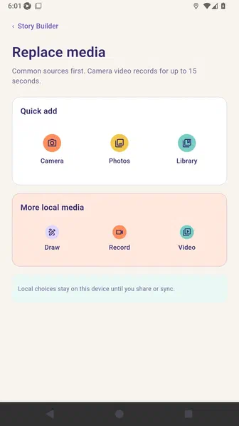 Replace media screen with local Camera, Photos, Library, Draw, Record, and Video choices