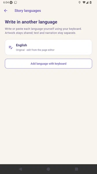 Free Story languages screen explaining manual keyboard entry and shared artwork