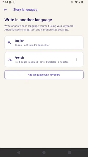 Story languages overview showing French with one translated page and translated cover