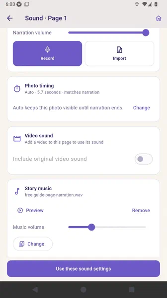 Sound editor showing imported story music and the lower-under-narration setting