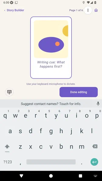 Page editor showing the dictation hint and microphone on the open device keyboard