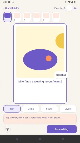 Page editor showing the sentence Milo finds a glowing moon flower