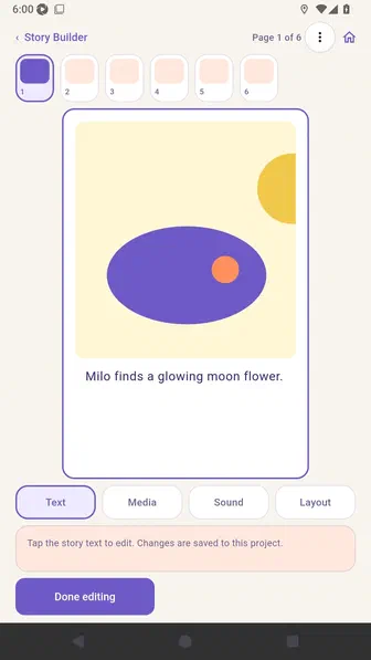 Reopened page editor displaying the saved moon flower sentence