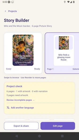 Story Builder page card showing page one with its caption layout