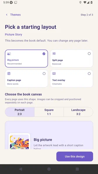 Starting layout chooser with Big picture selected and canvas controls below