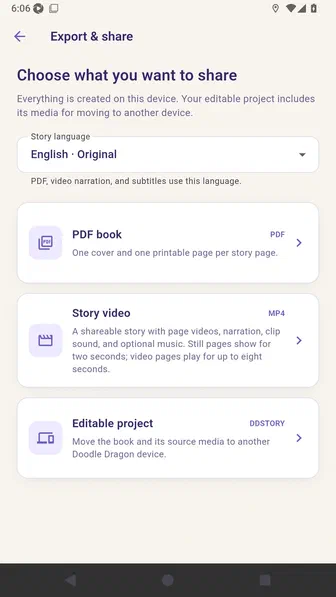 Export and share screen with story language, PDF, video, and editable project choices