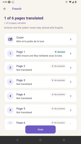 French review screen showing one of six pages narrated and a Narrated badge on page one