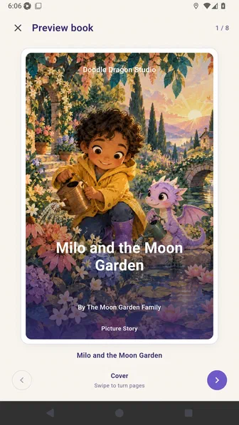 Preview book screen displaying the finished full-art cover