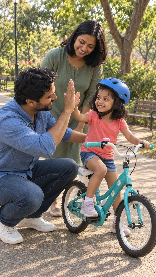 A father high-fives his daughter, who wears a blue helmet and sits on a small teal bicycle in the park, while her mother smiles behind them