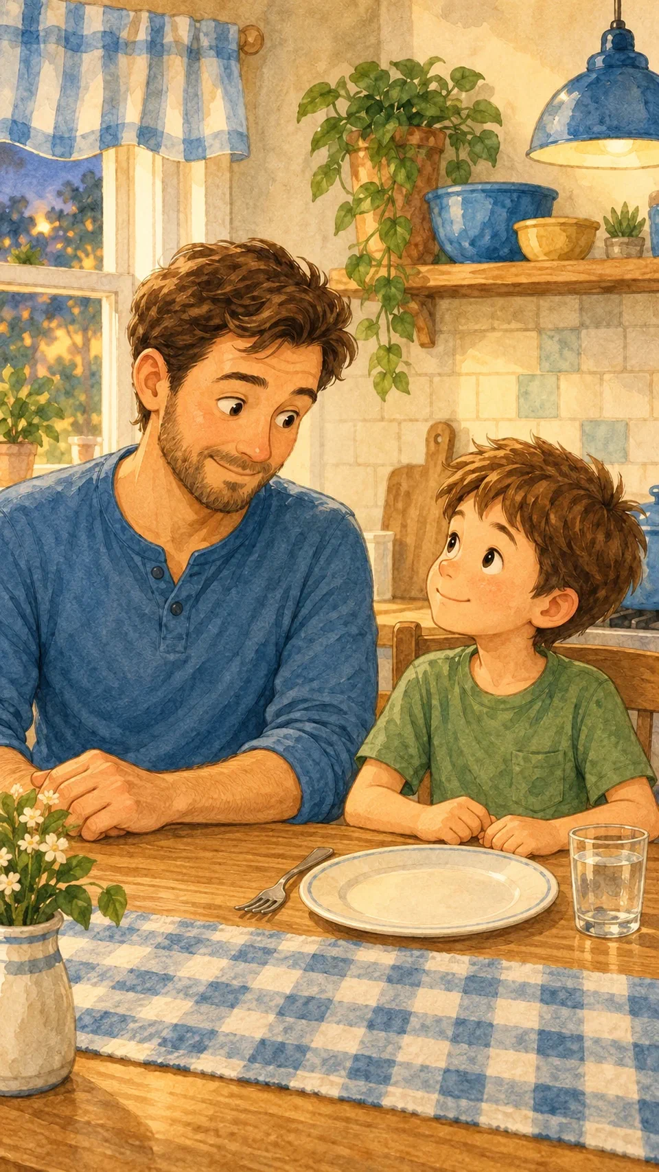 Robert in a blue henley and Leo in a green T-shirt at the kitchen table with an empty plate
