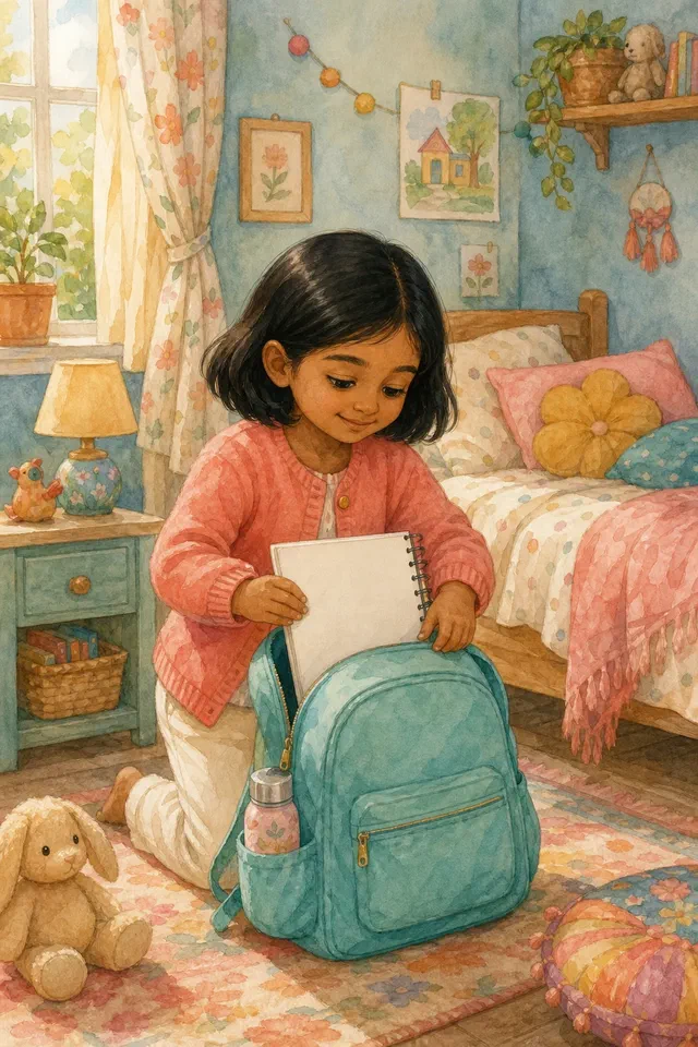 Watercolor of Anika in a pink cardigan packing a sketchbook into a turquoise backpack in her bedroom
