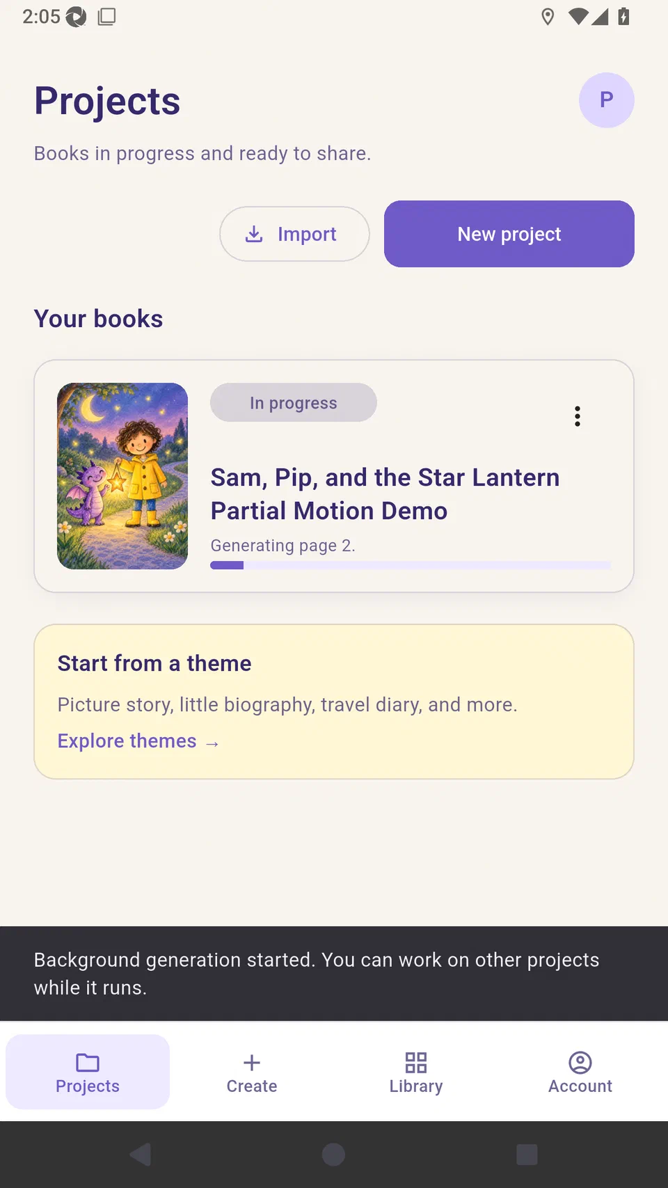 Android Projects screen showing a whole-book generation in progress