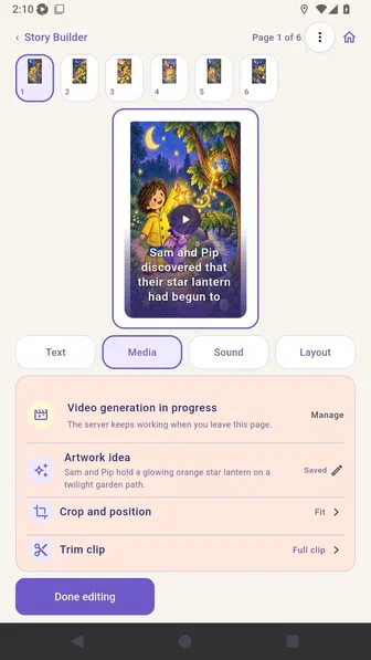 Page editor showing Video generation in progress after leaving the job screen