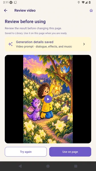 Review video screen with the saved generation plan and Try again or Use on page actions