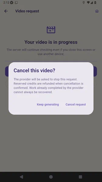 Cancel this video dialog explaining provider work and reserved credits