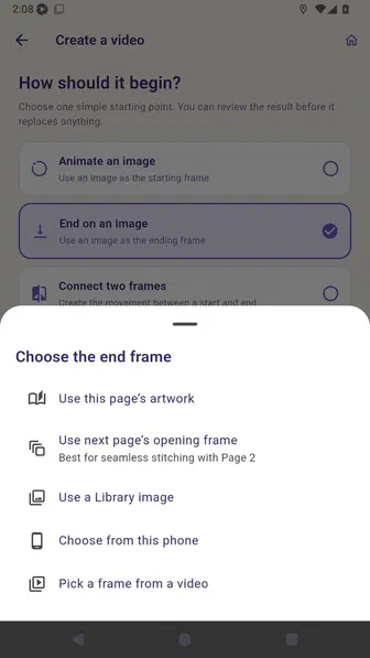 End-frame sheet including the next page opening frame for seamless stitching