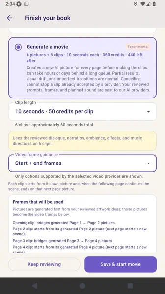 Video frame guidance set to Start and end frames