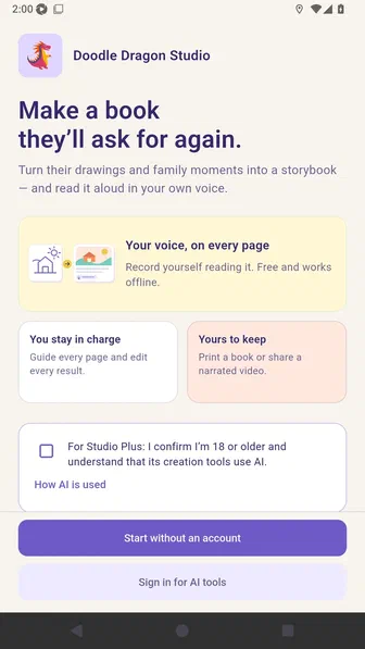 First-launch welcome explaining editable storybooks, read-aloud audio, and exports