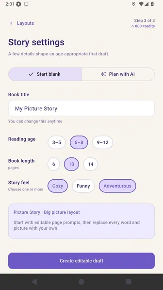 Story settings with Start blank selected