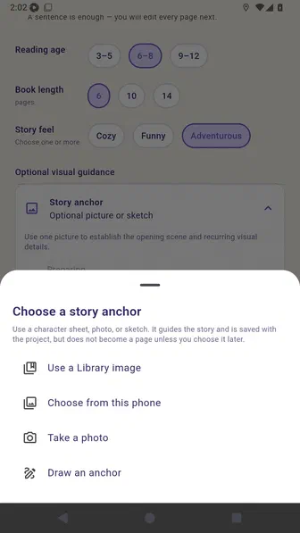 Story anchor sheet with Library, phone, camera, and drawing choices
