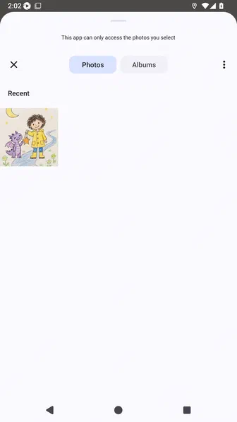 Android photo picker showing the bundled Sam and Pip child sketch