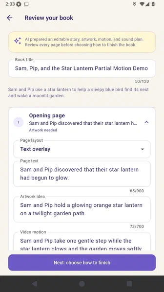 Review your book screen describing an editable story, artwork, motion, and sound plan