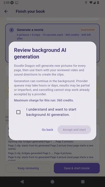 Background AI disclosure describing provider queues, partial results, cancellation, and maximum charge