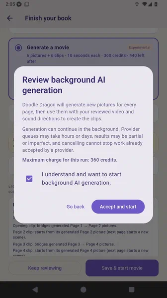 Background AI disclosure accepted with the Accept and start action enabled