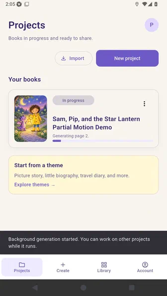 Projects screen showing the Sam and Pip Motion movie in progress