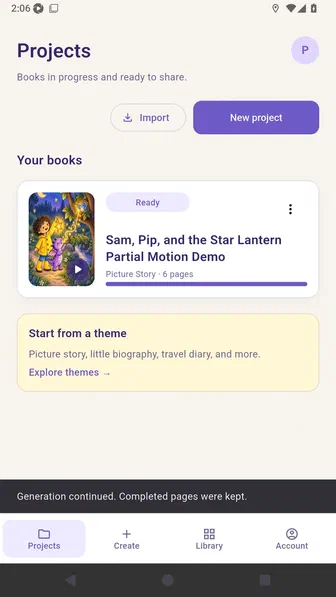 Projects screen confirming that completed pages were kept when generation resumed