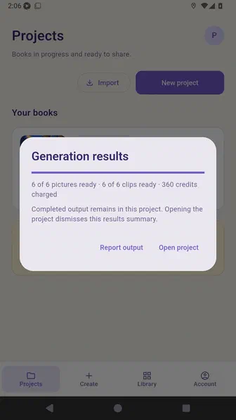 Generation results showing all six pictures and all six clips ready