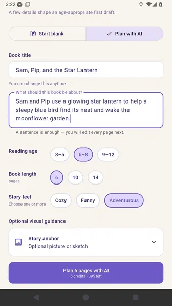 AI story settings showing the selected reading age, six-page length, story feel, and Story anchor card