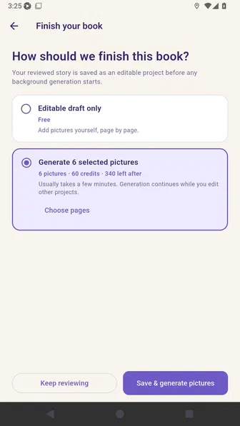 Finish screen with Generate 6 selected pictures active and its credit quote