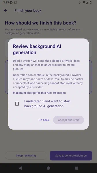 Review background AI generation dialog showing the selected data, queue behavior, and 60-credit maximum charge