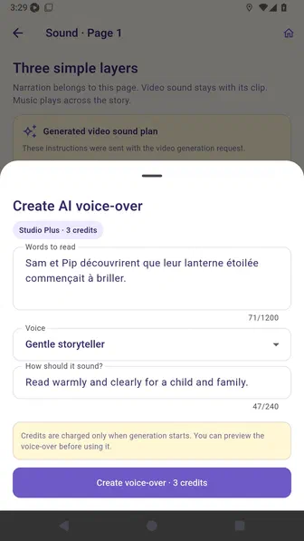 Create AI voice-over screen showing the French page text and Gentle storyteller voice
