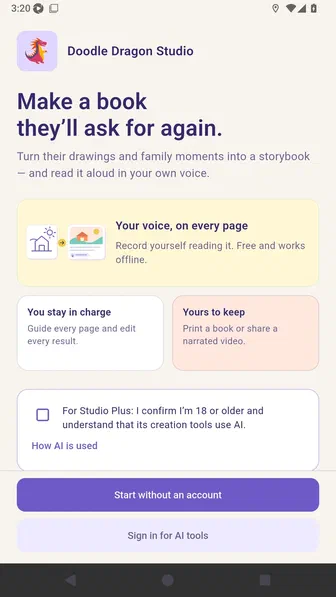 Doodle Dragon first-launch welcome explaining storybooks, read-aloud audio, editing control, and exports