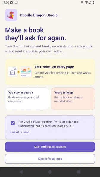 First-launch welcome with the adult confirmation selected and Sign in for AI tools enabled